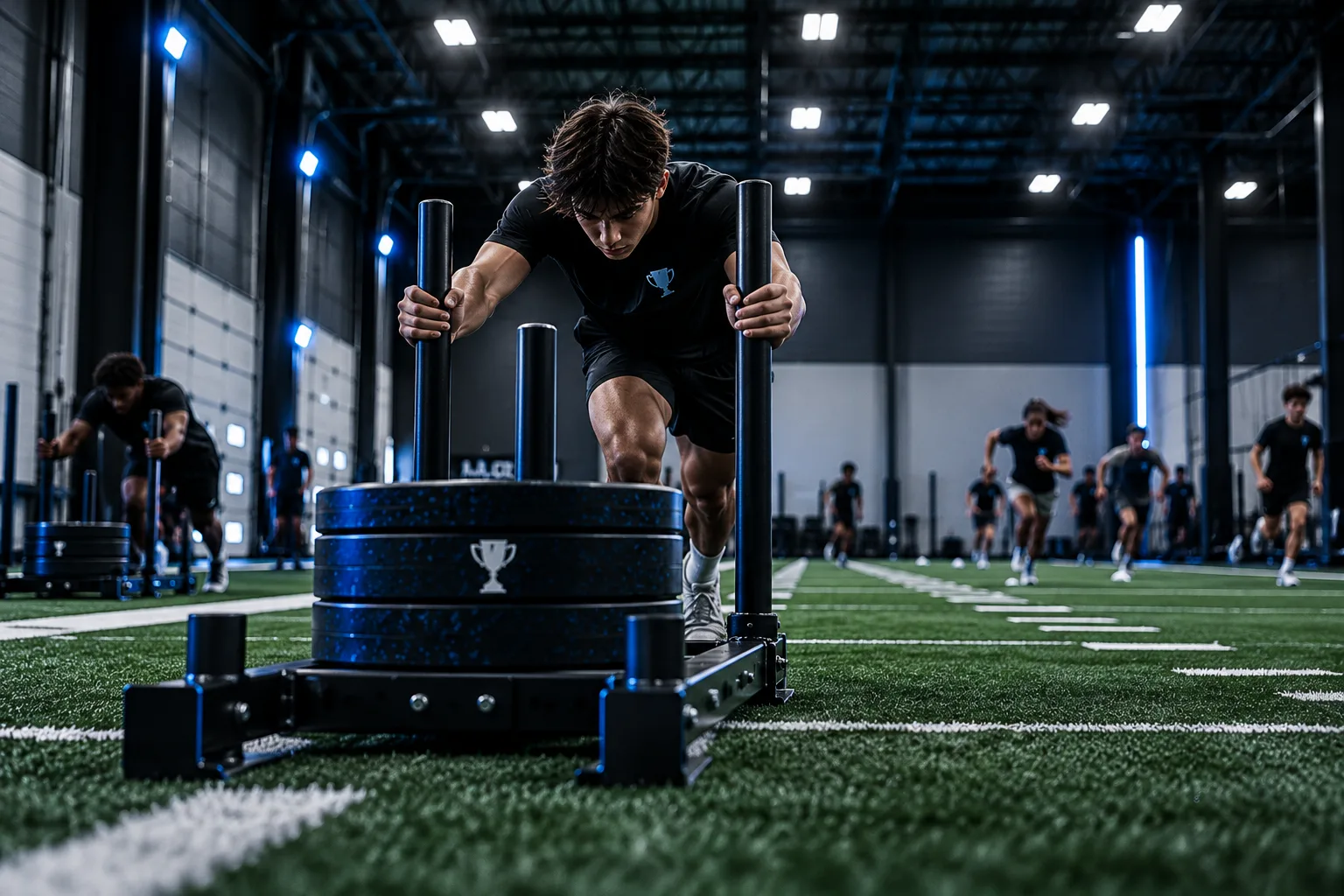 Athlete pushing a weighted sled on indoor turf