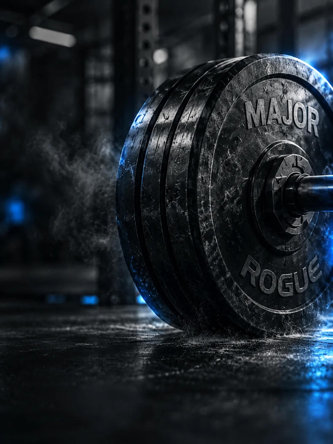 Black MAJOR barbell plates on a dark gym floor with chalk dust